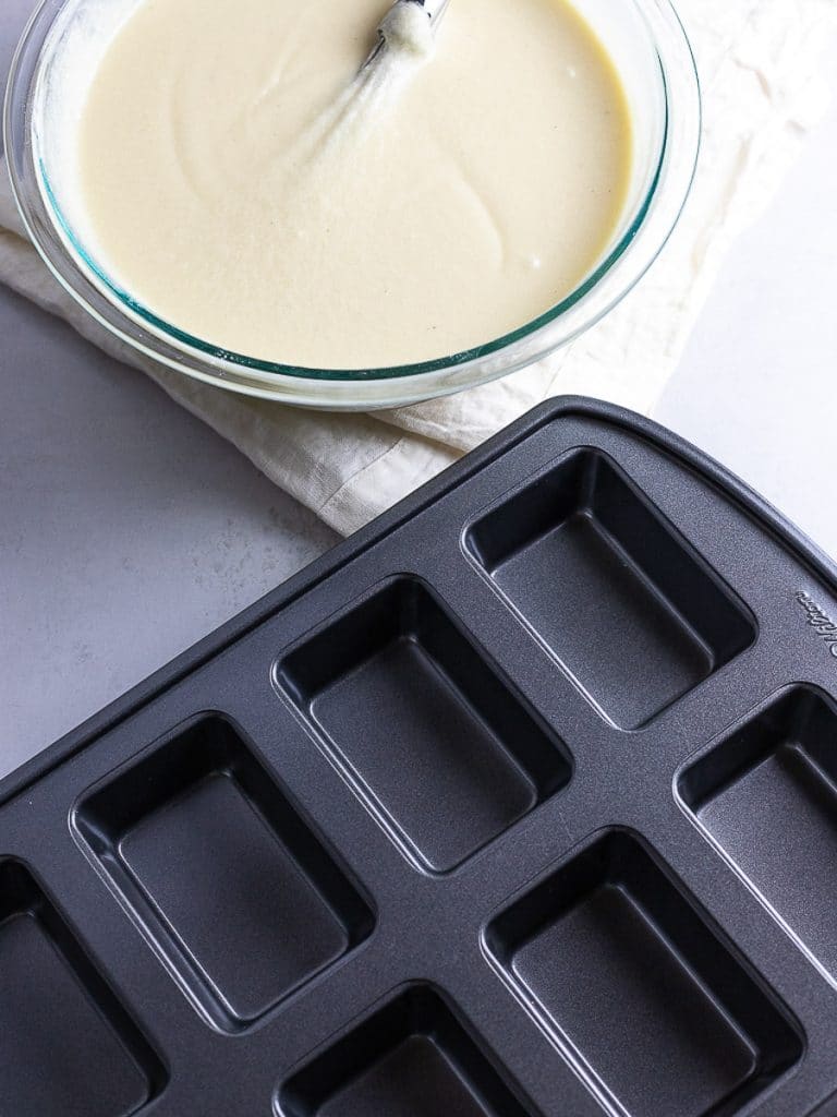 butter mochi batter and mini loaf pan