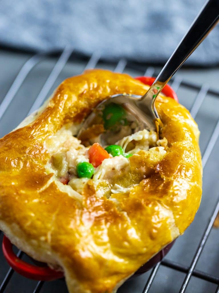 easy chicken pot pie with puff pastry on wire rack