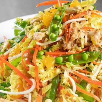 healthy Chinese chicken salad in a white bowl and grey tile