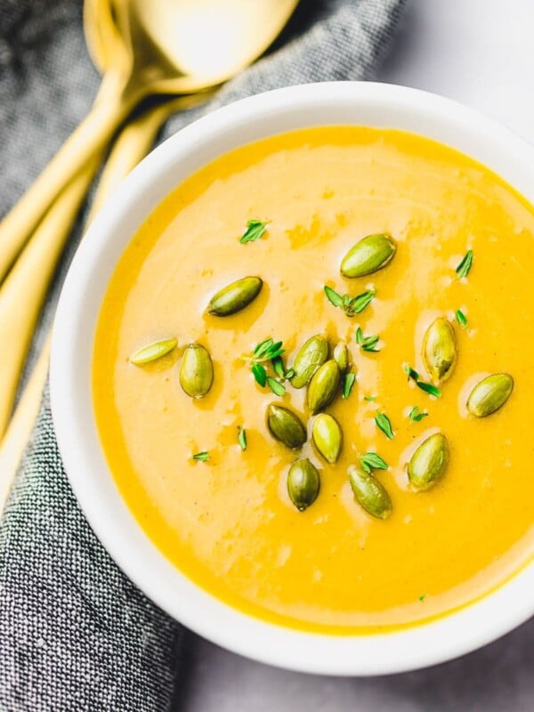 Instant Pot Vegan Butternut Squash Soup, Panera autumn squash soup in a white bowl
