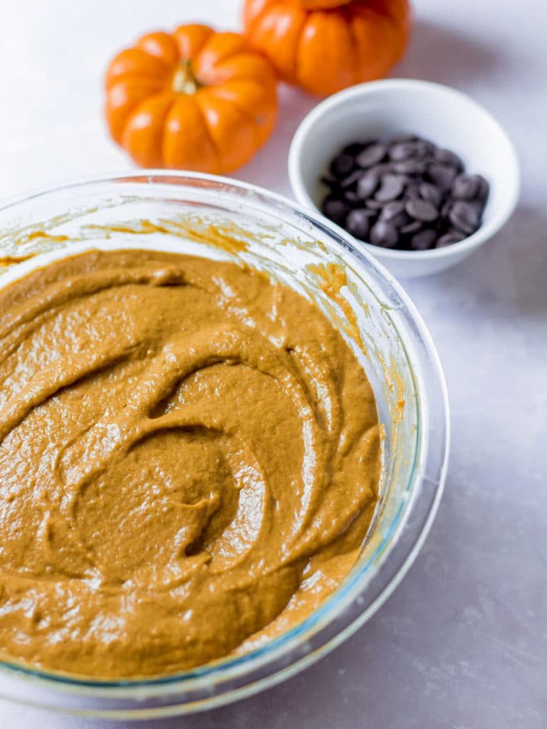 Batter for pumpkin bread or pumpkin muffins with chocolate chips
