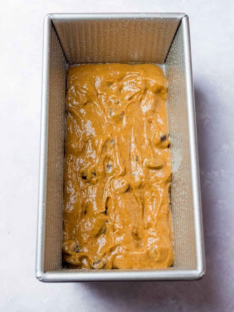 batter for pumpkin chocolate chip bread in a loaf pan