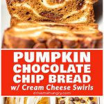 pumpkin chocolate chip bread with cream cheese swirls