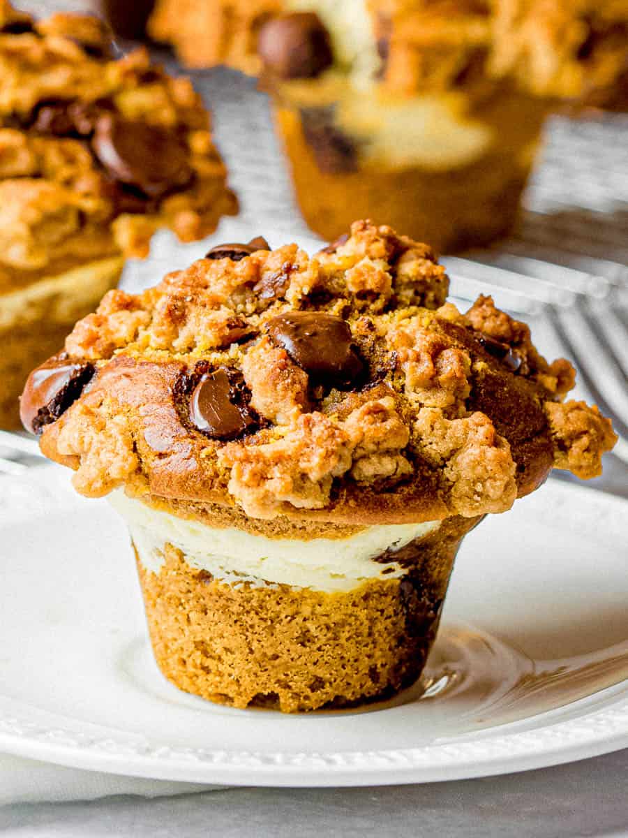 Pumpkin Chocolate Chip Muffins with Cream Cheese and Streusel