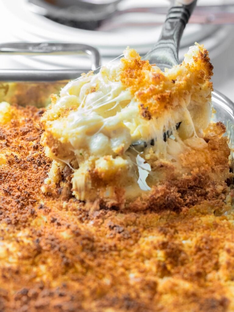spoonful of southern baked mac and cheese with a golden brown breadcrumb topping
