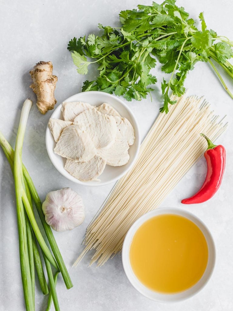 ingredients for Asian chicken noodle soup, cilantro, chicken breast, chili pepper, scallions, garlic, and ginger