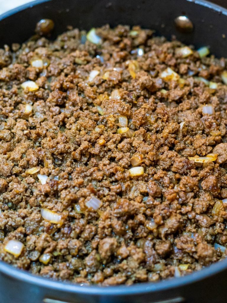 Korean ground beef bulgogi with onions in a pan