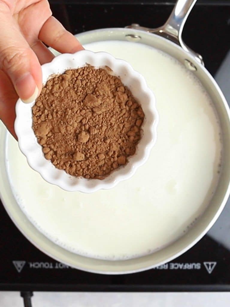 cocoa powder with a pot of milk