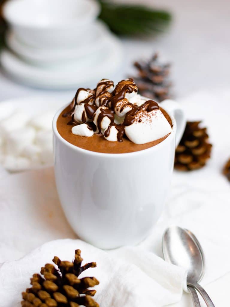 creamy homemade hot chocolate with marshmallows and chocolate syrup
