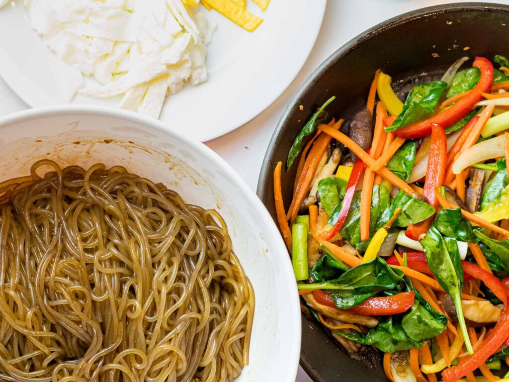 Easy Japchae (Korean glass noodle stir fry) - Drive Me Hungry