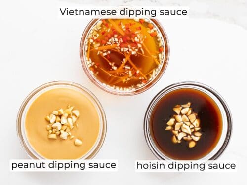three spring roll dipping sauces including peanut, hoisin, and Vietnamese sauce