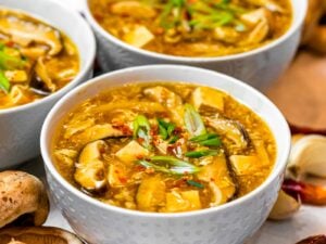 Chinese hot and sour soup with mushrooms, tofu, scallions, and red pepper flakes