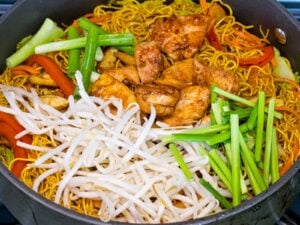 chow mein noodles with bean sprouts, chicken, chives, and red peppers in a pan