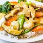 moo goo gai pan with chicken, mushrooms, and vegetables on a plate of white rice