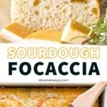 sourdough focaccia photos with stacked focaccia pieces and a pastry brush