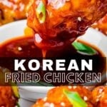 Korean fried chicken wing covered with sesame seeds and scallions dipped in sauce