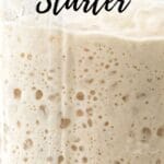 how to make sourdough starter with a close up photo of bubbly starter