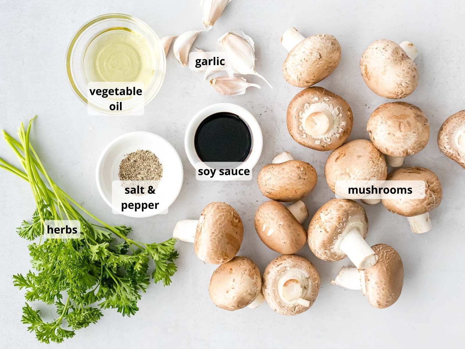 labeled photo of ingredients for soy garlic mushrooms