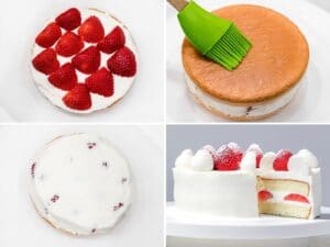 grid photos of assembling strawberry sponge cake with whipped cream