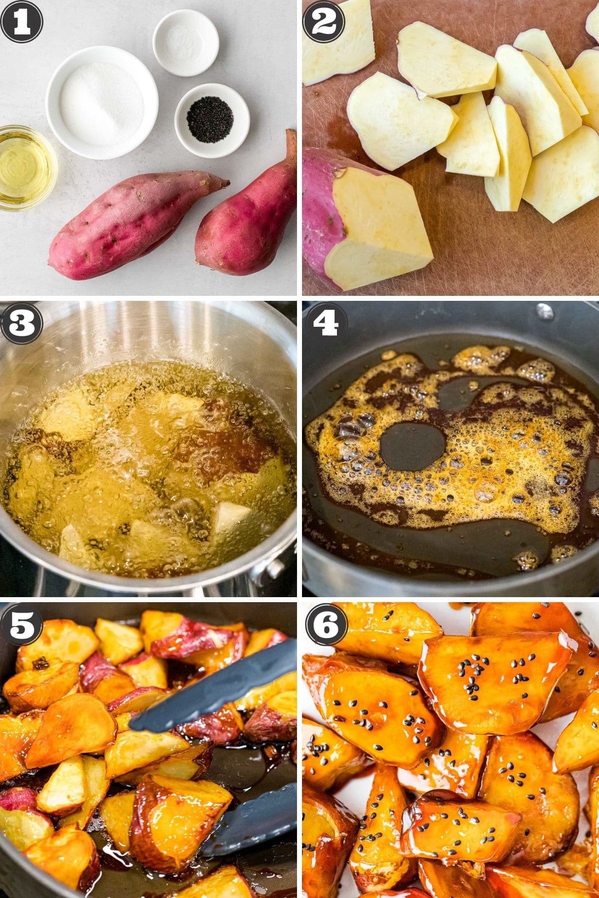 numbered step by step photos for making Korean candied sweet potatoes
