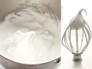 side by side photos of egg whites beaten to firm peaks in a metal bowl and on a whisk