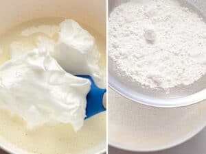 side by side photos of beaten egg whites being added to sponge cake batter and cake flour sifted into batter