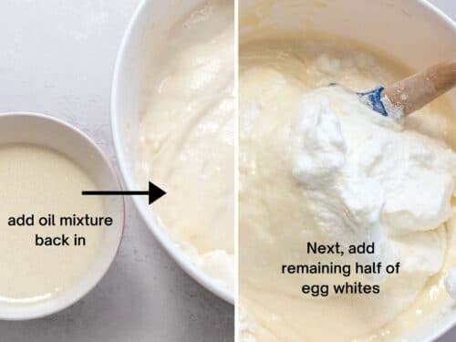 two photos of oil mixture next to sponge cake batter and egg whites folded into the batter