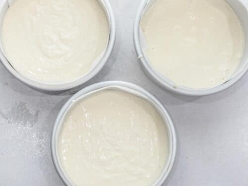 sponge cake batter in three round cake pans lined with parchment paper