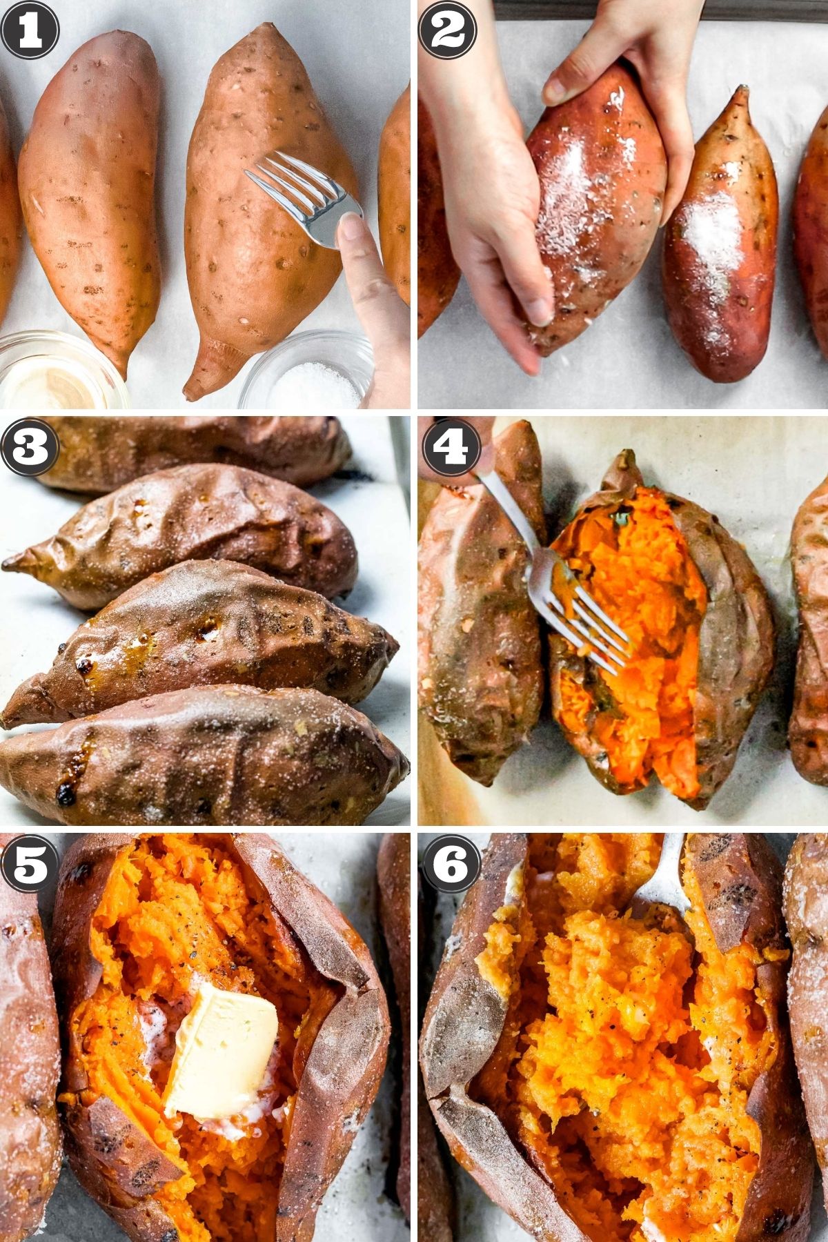 numbered photo collage showing how to bake sweet potatoes