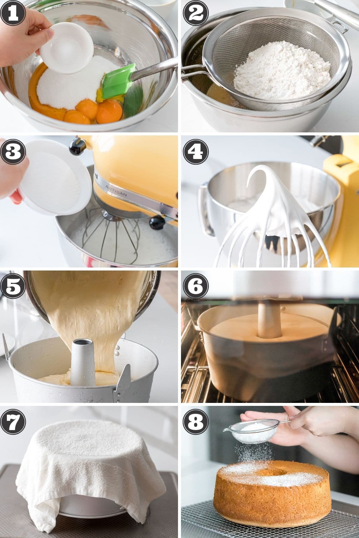 collage showing numbered steps to making chiffon cake