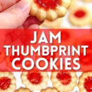 Photo collage of jam thumbprint cookies with text overlay.