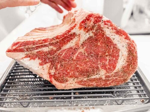 Prime rib roast with bone being covered in a salt and pepper rub while on a roasting rack.