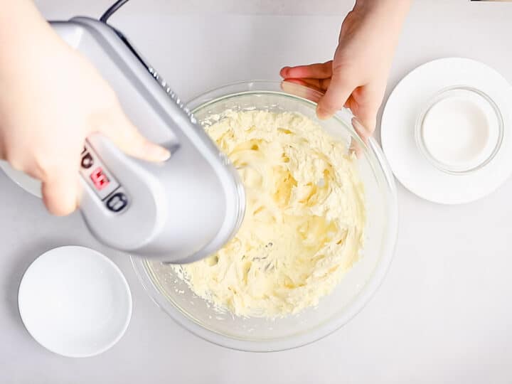 butter and sugar creamed until fluffy in a large glass bowl with a hand mixer