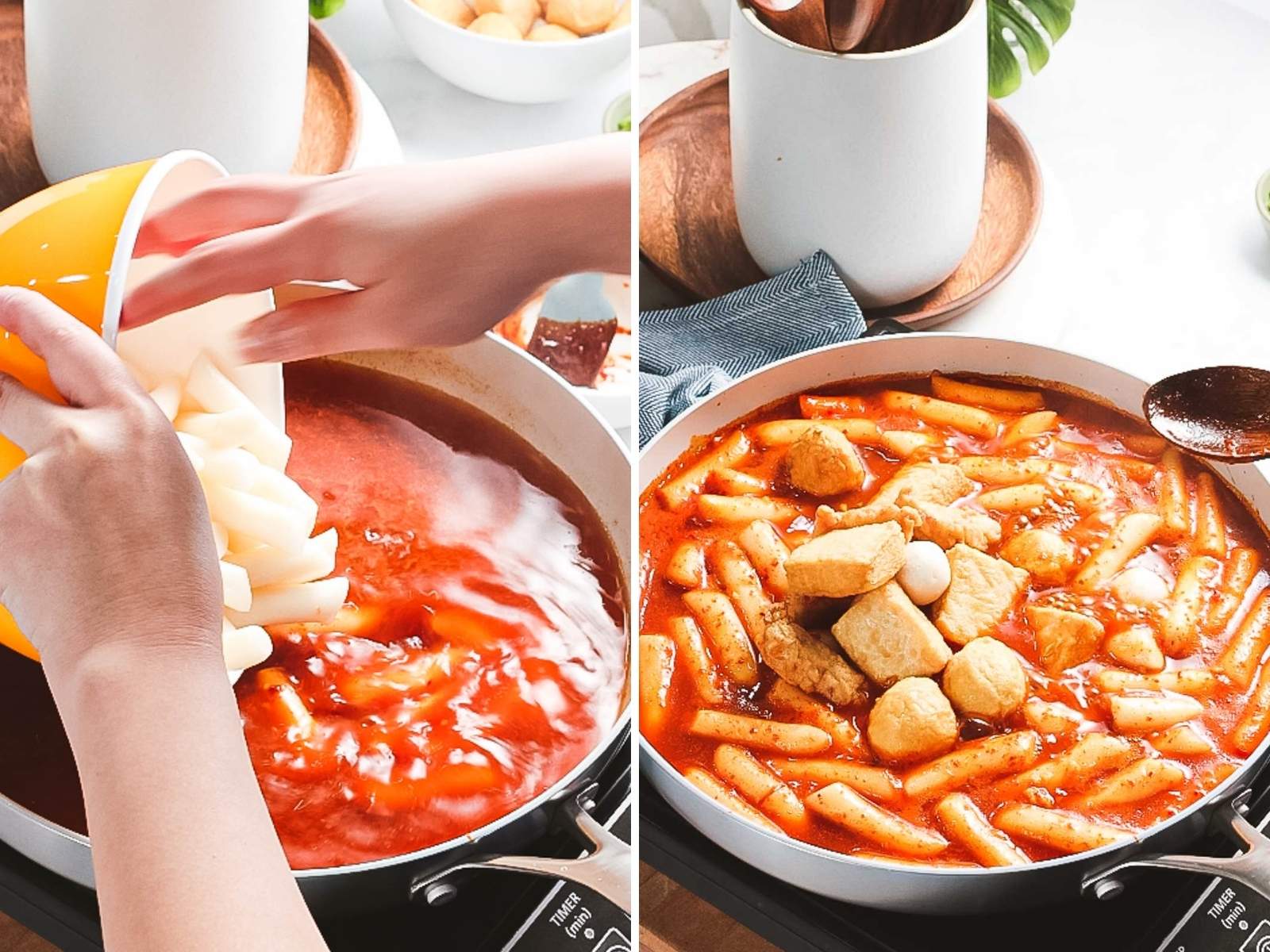 Korean rice cakes being added to tteokbokki sauce boiling in a pan.