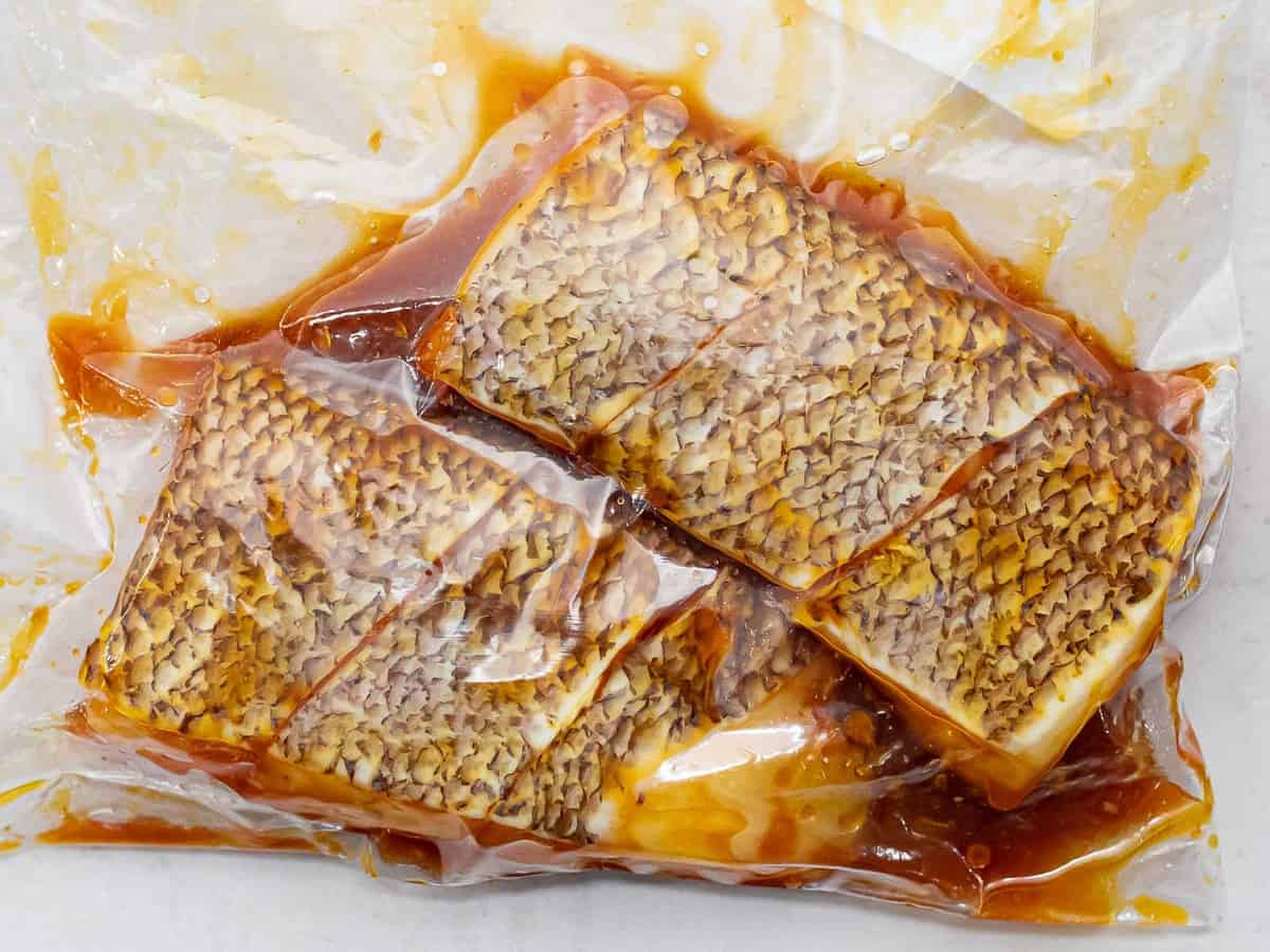 Two Chilean sea bass filets marinating in a plastic bag.