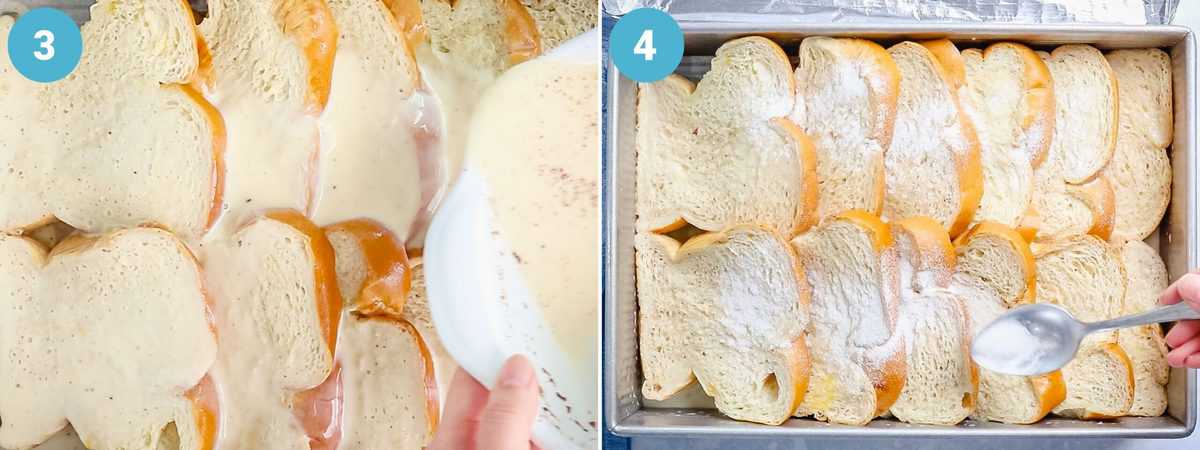 Photo collage showing custard base being poured over the bread in a casserole pan and topped with sugar.