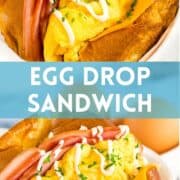 Collage of egg drop sandwich with scrambled eggs, ham, and cheese with text overlay.