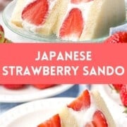 Photo collage of Japanese strawberry sando made with fresh red strawberries and whipped cream.