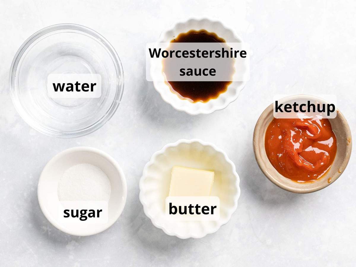 Ingredients for Japanese hamburger steak sauce including ketchup, worcestershire sauce, and butter.