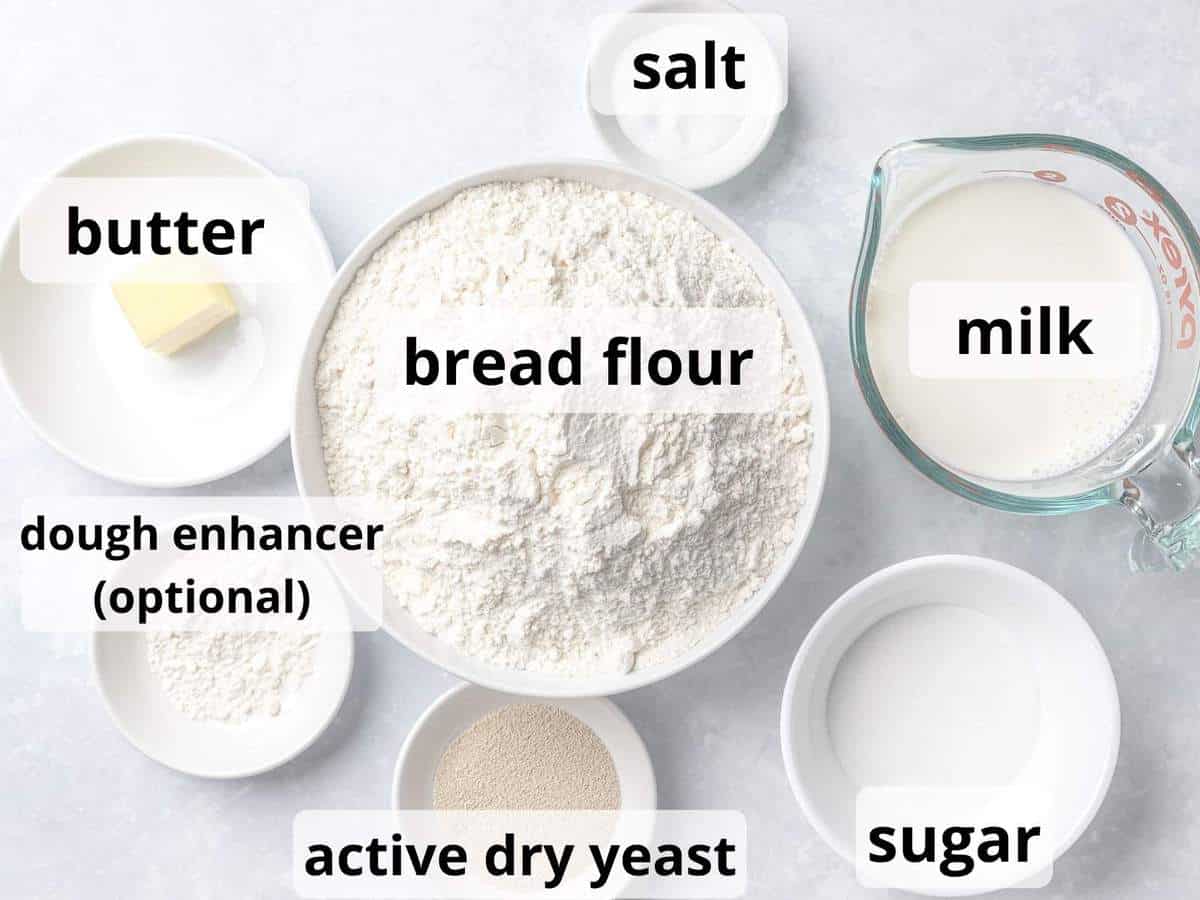 Ingredients to make milk bread in small bowls.