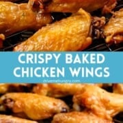 Crispy baked chicken wings with text overlay.