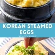Soft and fluffy Korean steamed eggs with green onions and text overlay.
