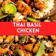 Thai basil chicken with text overlay on red banner.