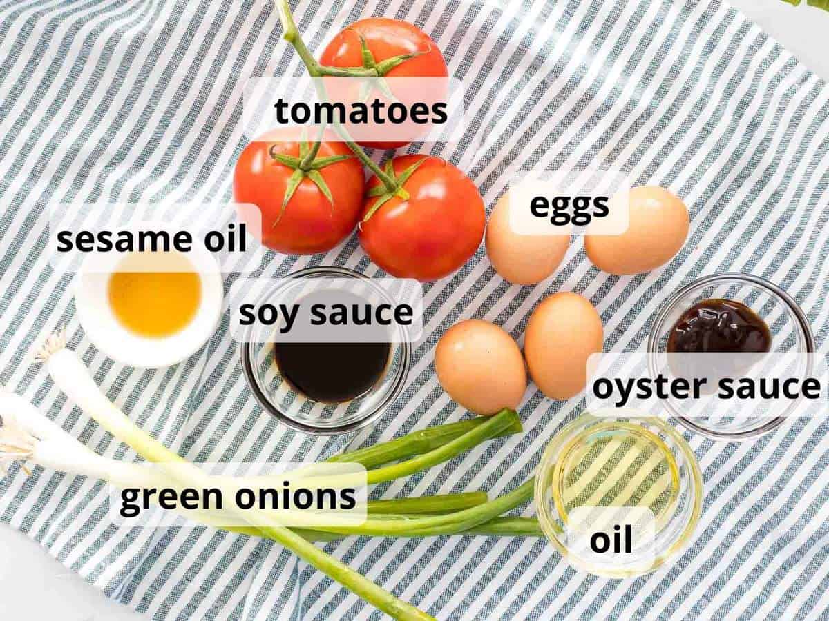 Ingredients for Chinese tomato egg stir fry with text overlay.