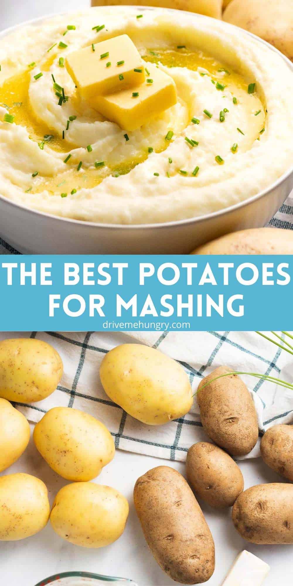 Photo collage of mashed potatoes with text overlay for best potatoes for mashing.
