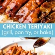 Chicken teriyaki with text overlay.