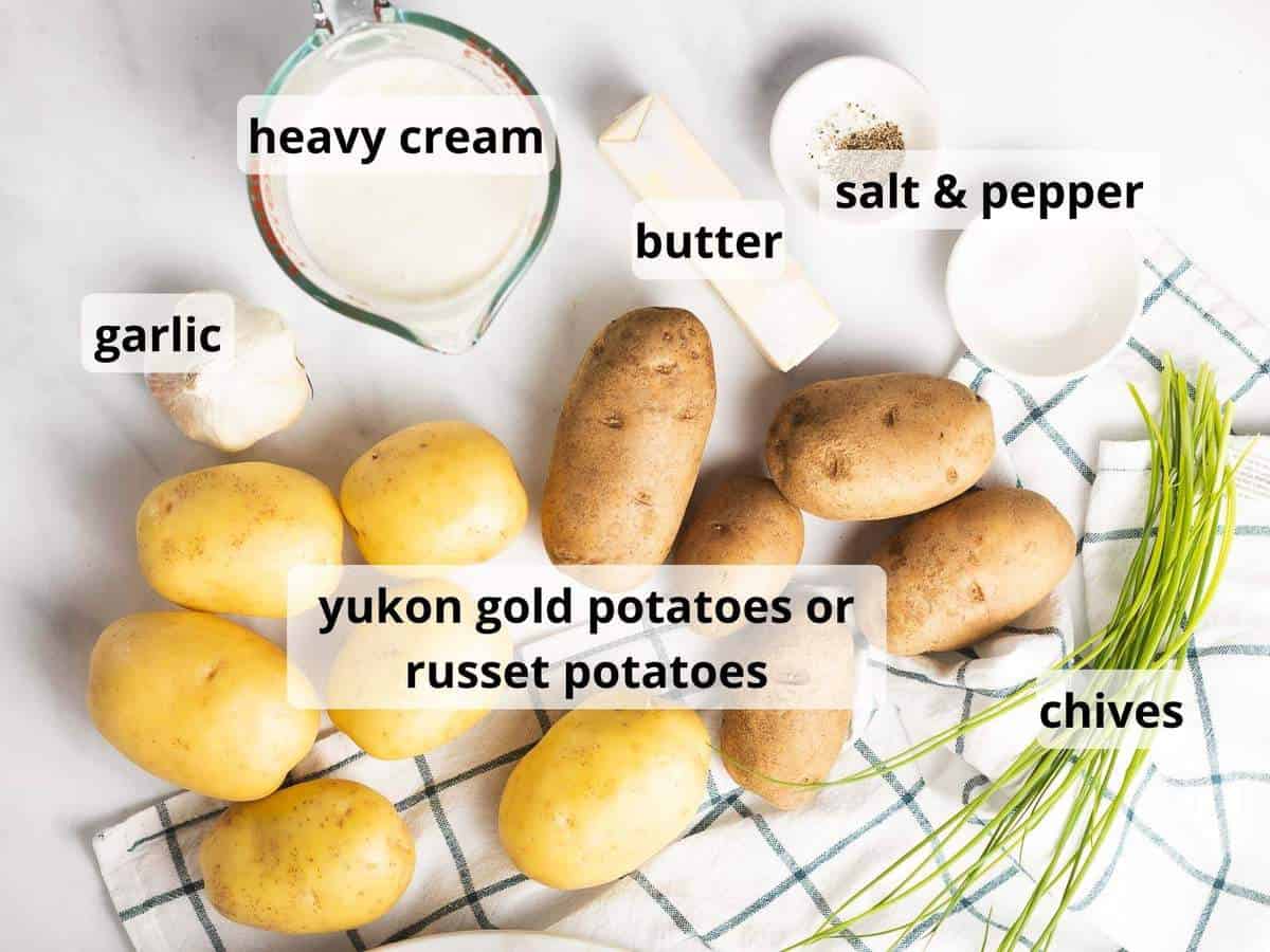 Ingredients for garlic mashed potatoes with text overlay.