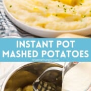Instant Pot mashed potatoes with text overlay.