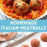 Homemade Italian meatballs with text overlay.