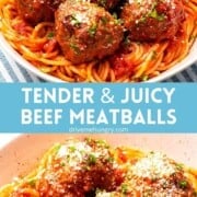 Tender & juicy beef meatballs with spaghetti and tomato sauce.